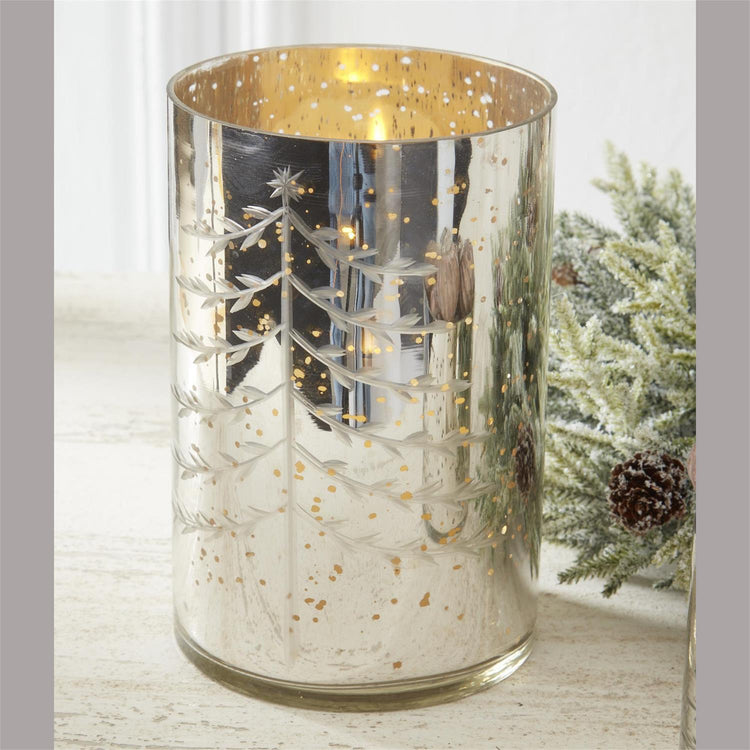 Silver Mercury Glass Candleholders with Etched Trees