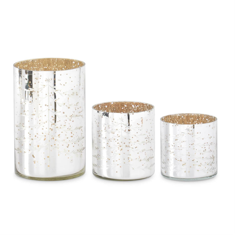 Silver Mercury Glass Candleholders with Etched Trees