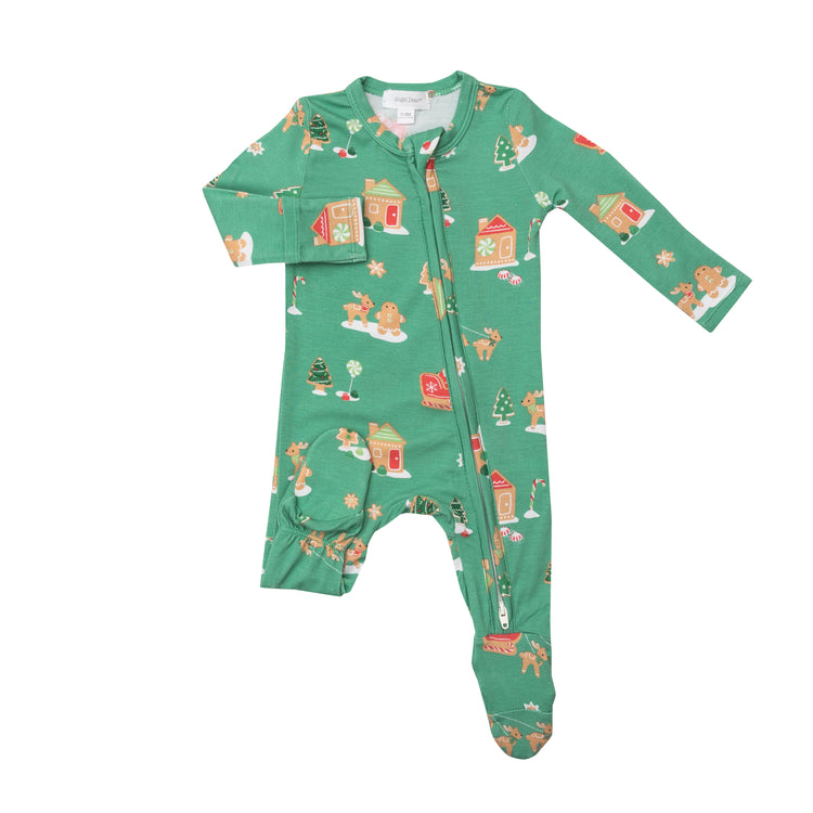 2 Way Zipper Footie Gingerbread Sleigh Green