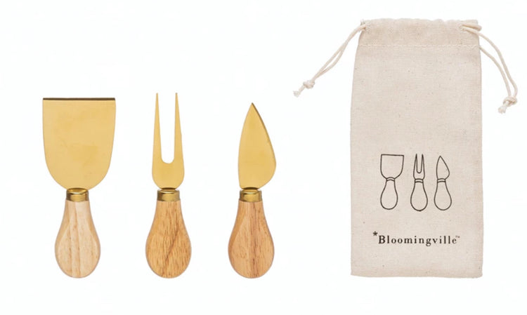 Stainless Steel Cheese Utensils With Oak Wood Handles Set of 3
