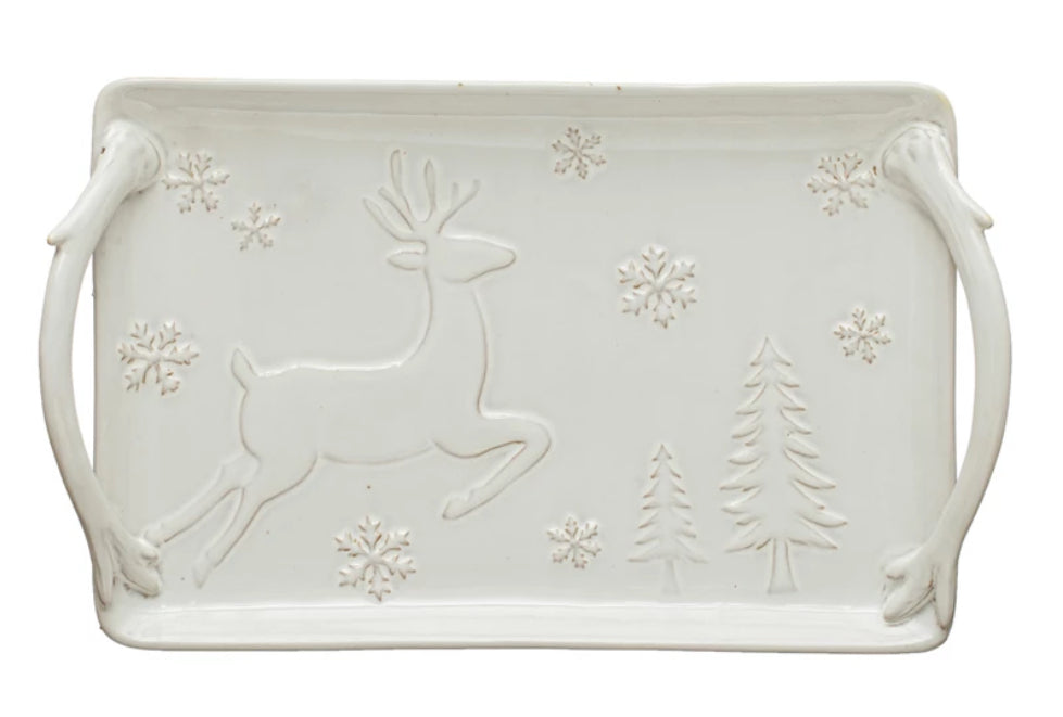 Stoneware Tray With Deer and Snowflakes