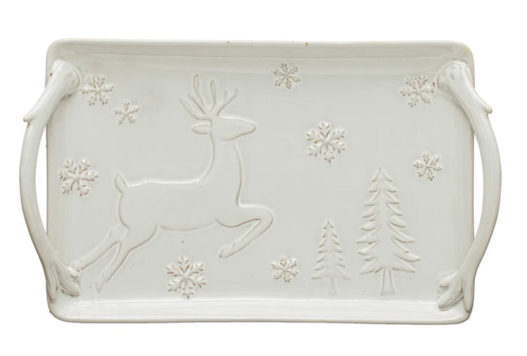 Stoneware Tray With Deer and Snowflakes