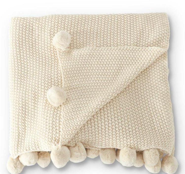 60 inch Cream Moss Stich Knit Throw Blanket With Pompom Trim