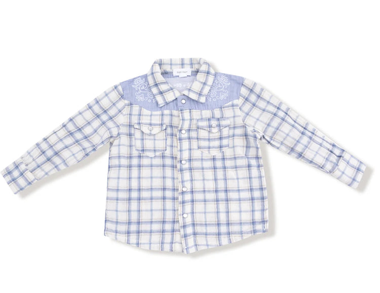 Blue Plaid Western Pearl Snap Shirt With Howdy On The Back