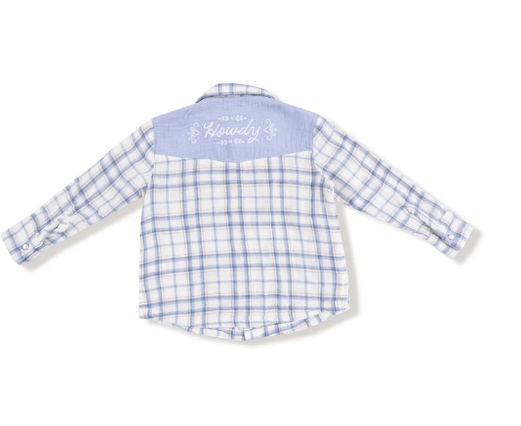 Blue Plaid Western Pearl Snap Shirt With Howdy On The Back
