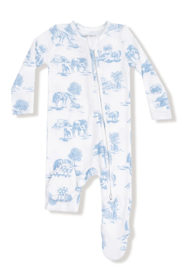 Farm Toile Blue 2 Way Zipper Footie