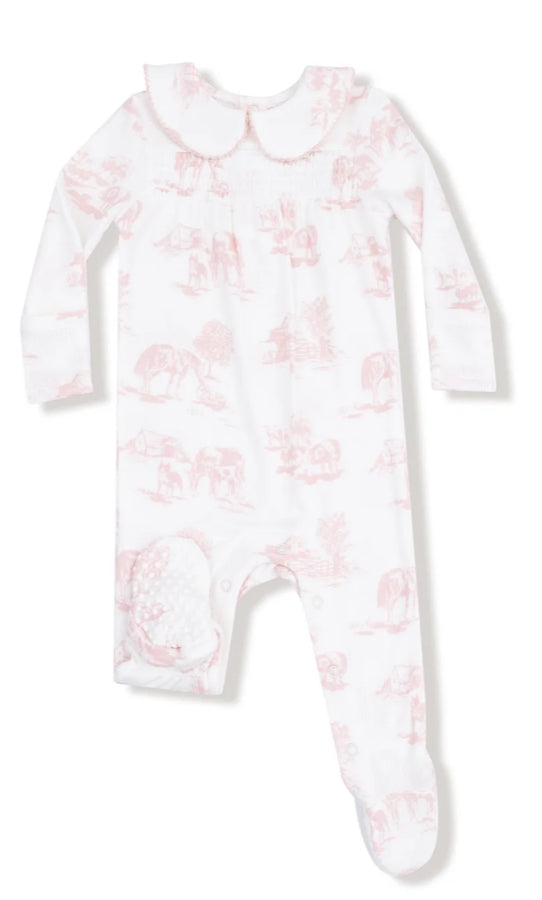 Farm Toile Pink 2 Way Zipper Footie With Peter Pan Collar