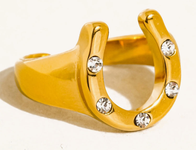18 K Gold Non-Tarnish CZ Horseshoe Ring