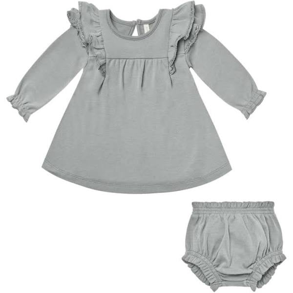 Quincy Mae Long Sleeve Flutter Dress Dusty Blue