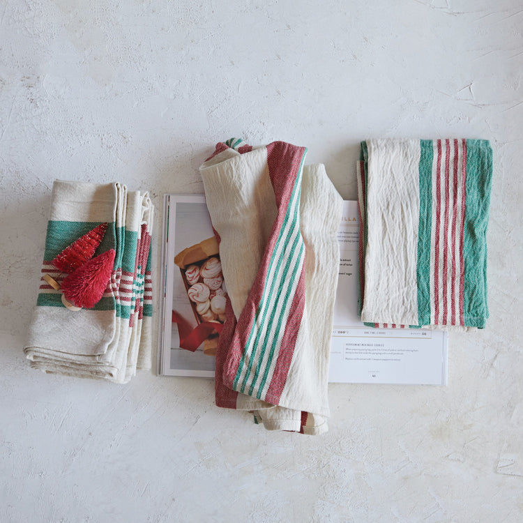 Cotton Printed Tea Towels w/ Stripes & Jute & Wood Bead Tie, Multi Color, Set of 2