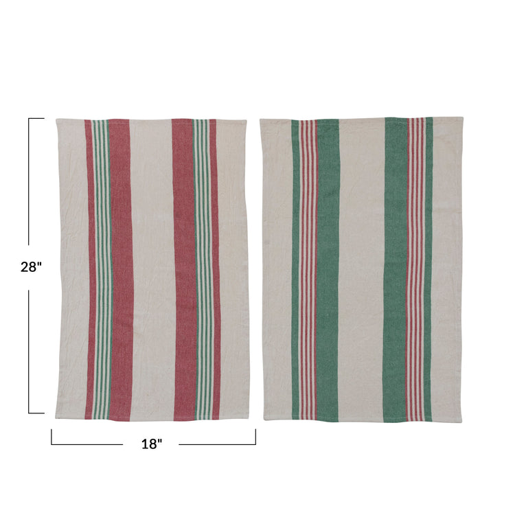 Cotton Printed Tea Towels w/ Stripes & Jute & Wood Bead Tie, Multi Color, Set of 2