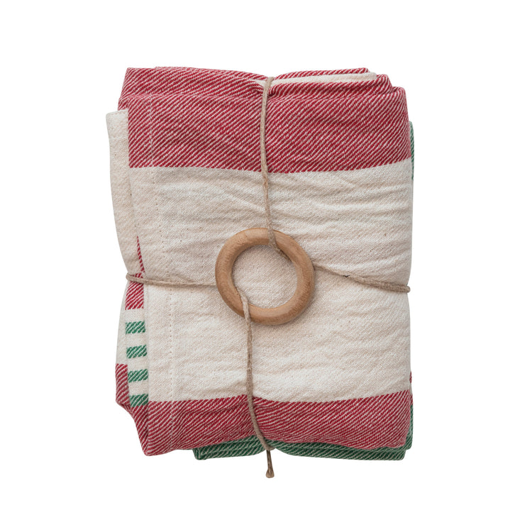 Cotton Printed Tea Towels w/ Stripes & Jute & Wood Bead Tie, Multi Color, Set of 2