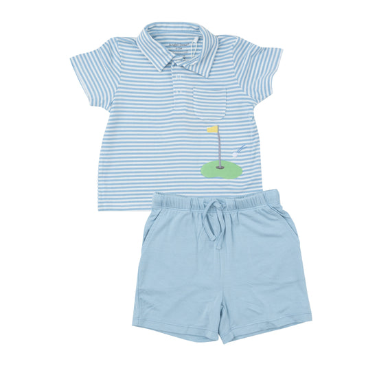 Dream Blue Stripe Polo Shirt And Short Set
