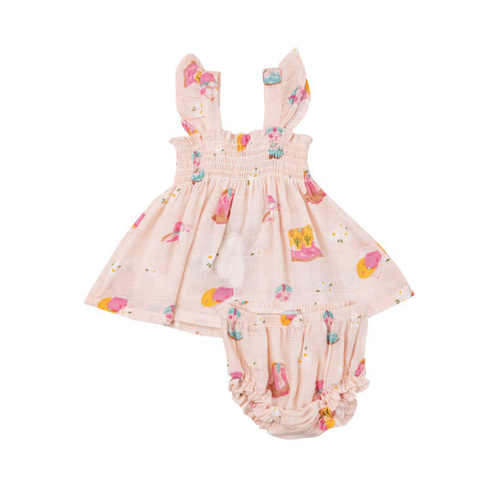Daisy Boots Ruffle Strap Smocked Top And Diaper Cover