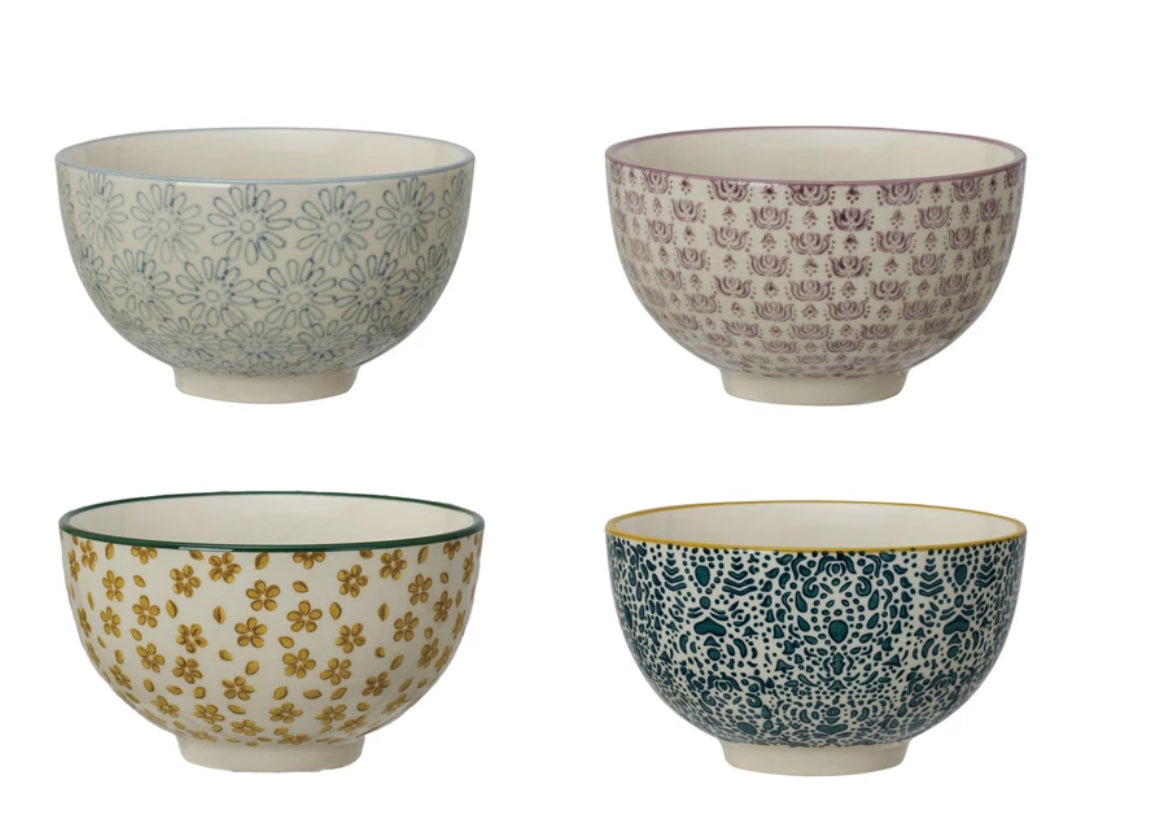 Handstamped Stoneware Bowl W Pattern 4 Styles