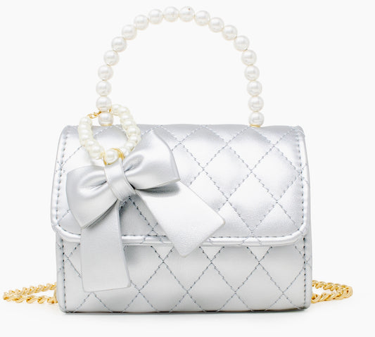 Silver Quilted Pearl Handle Bow Handbag