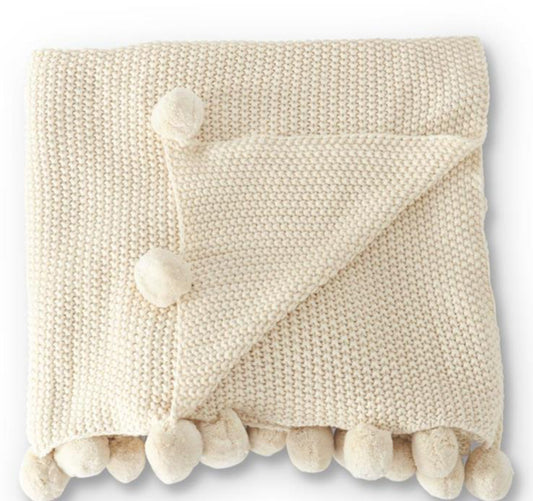 60 inch Cream Moss Stich Knit Throw Blanket With Pompom Trim