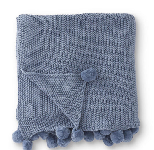 60 inch Light Blue Stitch Knit Throw Blanket With Pompom Trim