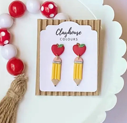 Apple and Pencil Clay Earrings