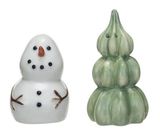 Stoneware Snowman/Tree Salt and Pepper Shakers Set