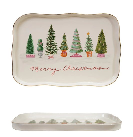Stoneware Scalloped Platter With Trees and Gold Trim