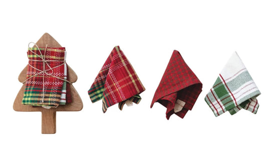 3 Woven Dish Cloths And Tree Shaped Wood Board