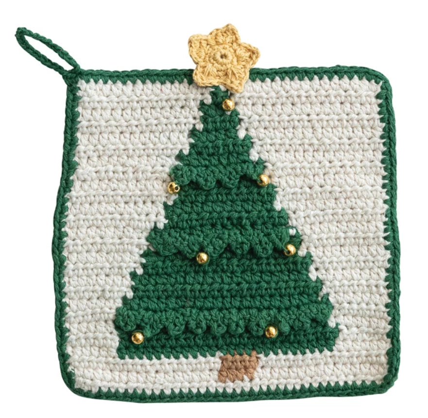 8 in Crochet Pot Holder With Christmas Tree