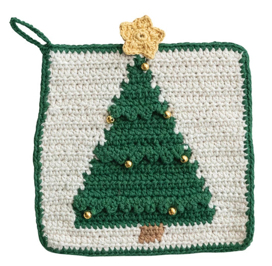 8 in Crochet Pot Holder With Christmas Tree