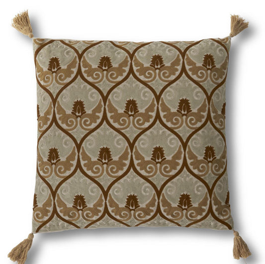20 In Square Tan and Mustard Embroidered Pillow