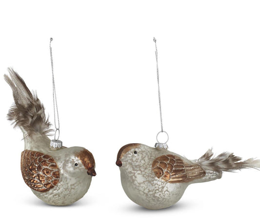 5.5 in White Mercury Glass Bird Ornaments w/ Tail Feathers