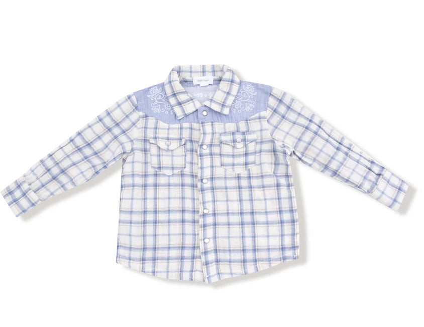 Blue Plaid Western Pearl Snap Shirt With Howdy On The Back