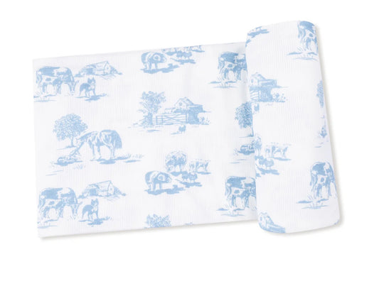 Farm Toile Blue Swaddle Blanket