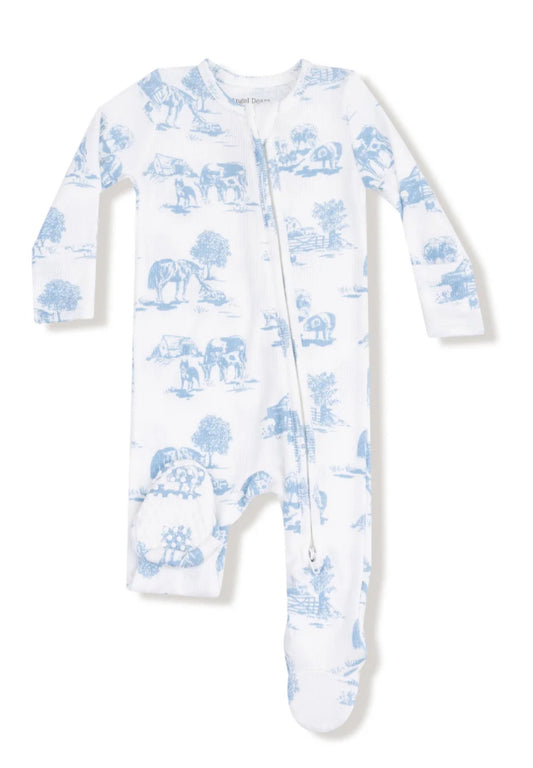 Farm Toile Blue 2 Way Zipper Footie