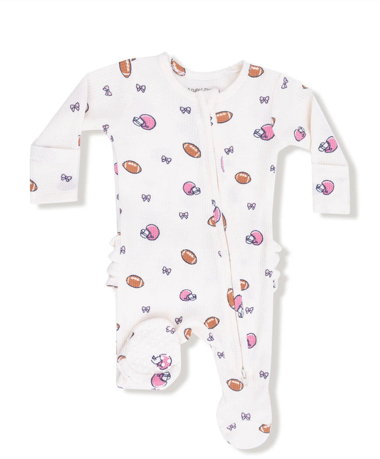 Footballs and Bows 2 Way Zipper Ruffle Back Footie
