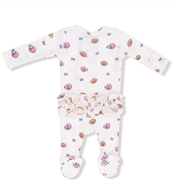 Footballs and Bows 2 Way Zipper Ruffle Back Footie