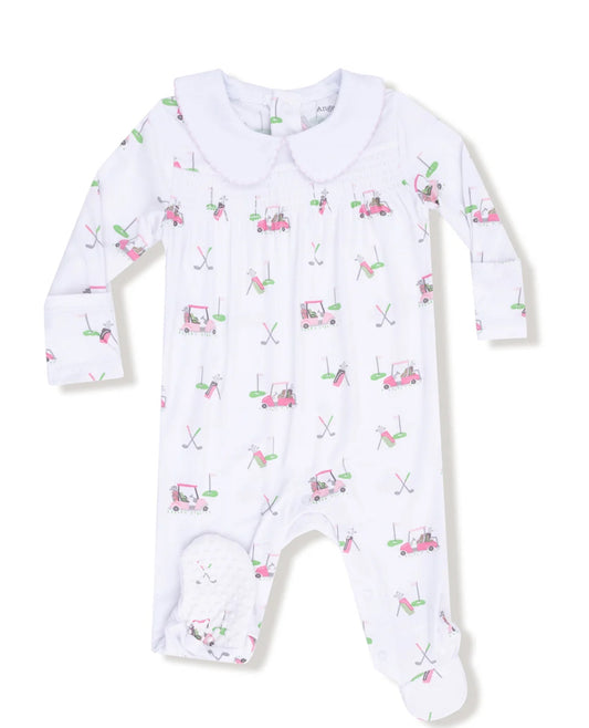 Baby Golf Carts Pink Smocked Snap Footie