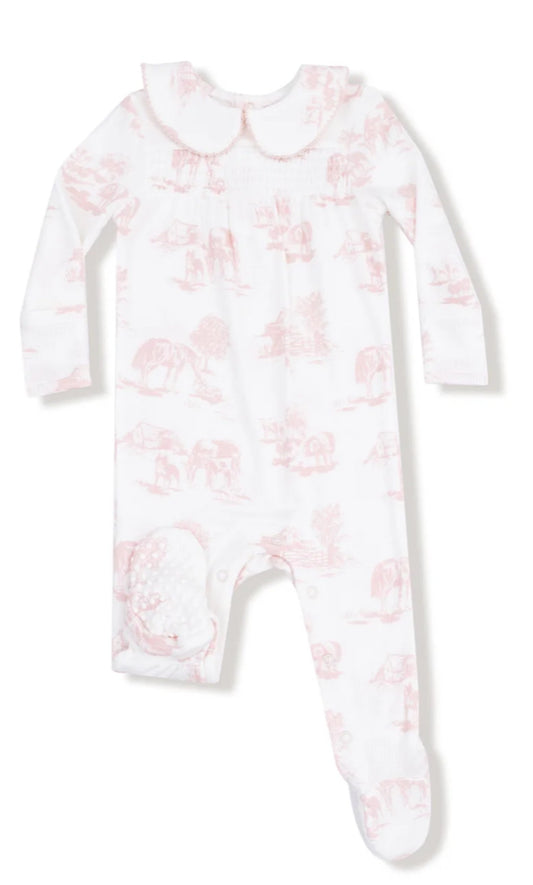 Farm Toile Pink 2 Way Zipper Footie With Peter Pan Collar
