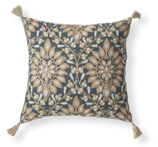 20 in Blue and Taupe Floral Pillow