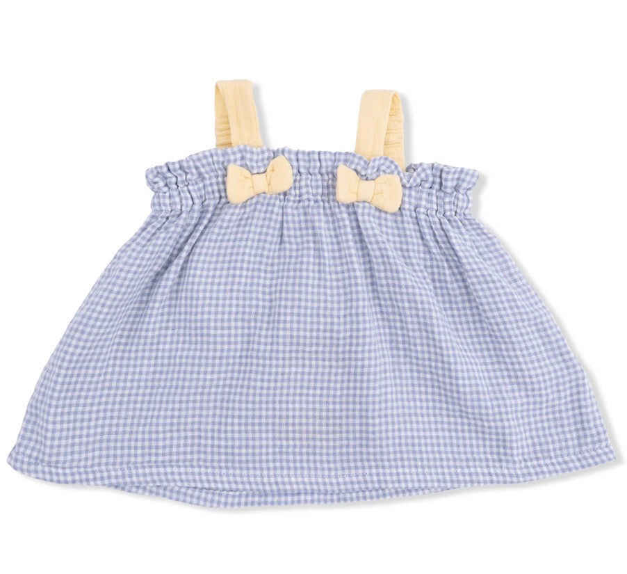 Micro Gingham Blue Top With Bows and Ruffle Bloomer