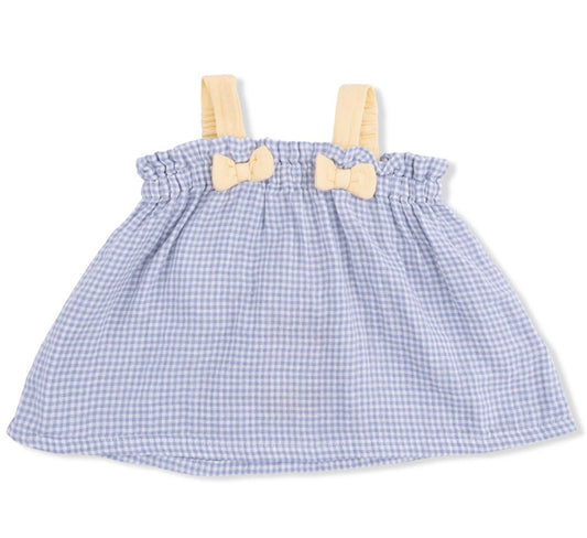 Micro Gingham Blue Top With Bows and Ruffle Bloomer