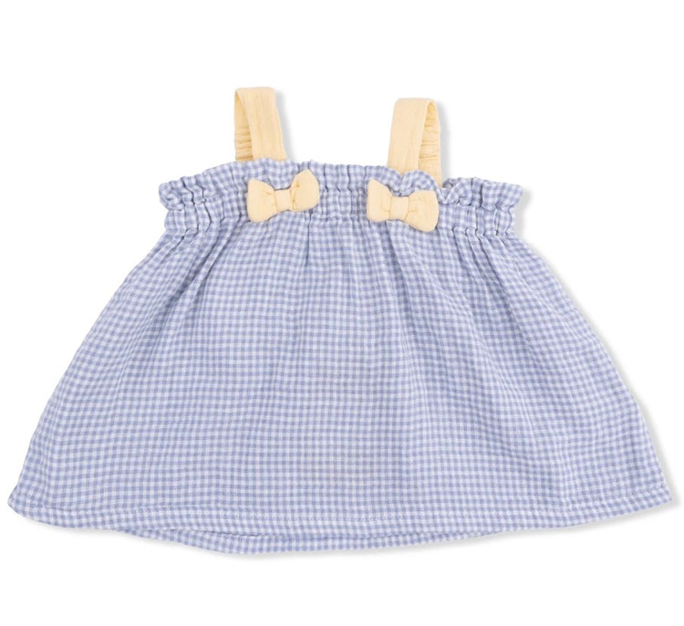 Micro Gingham Blue Top With Bows and Ruffle Bloomer