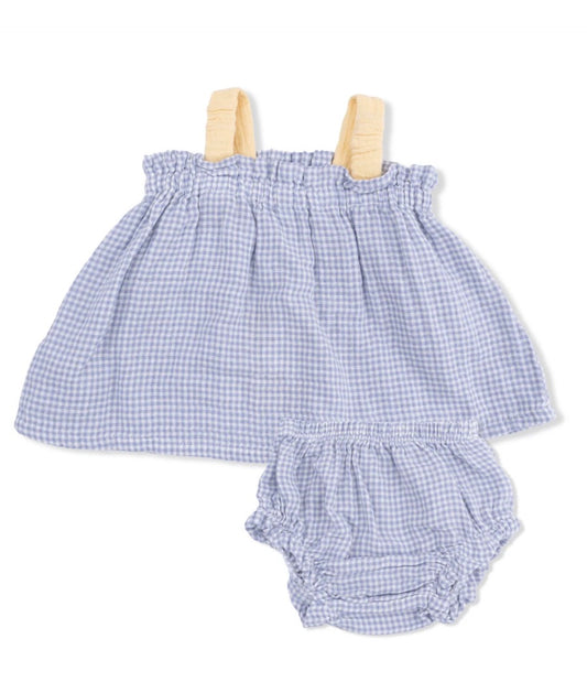 Micro Gingham Blue Top With Bows and Ruffle Bloomer