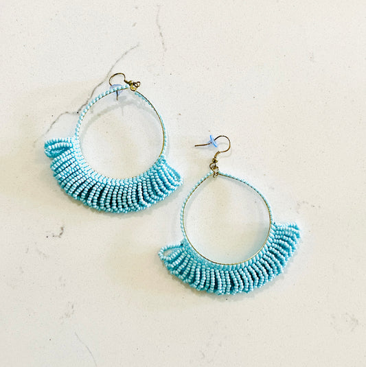Fringe Light blue hoop seed earrings