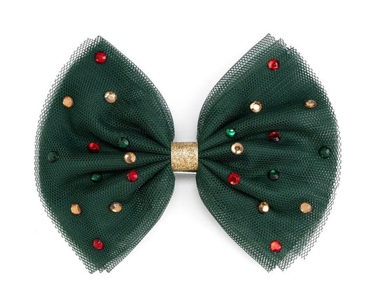 Emerald Rhinestone Christmas Tulle Bow Clip