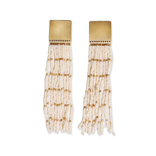 Harlow Brass Top Solid w/ gold Stripe beaded fringe ivory earring