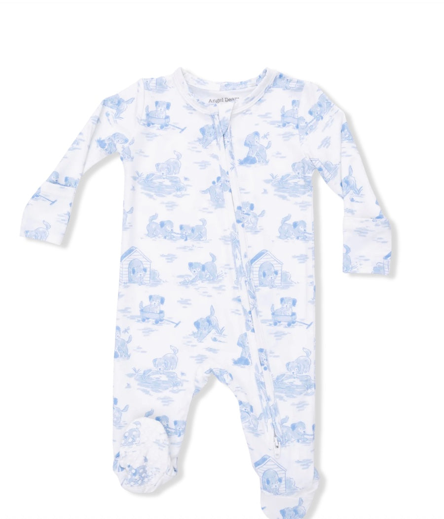 Puppy Toile Blue Two Way Zipper Footie