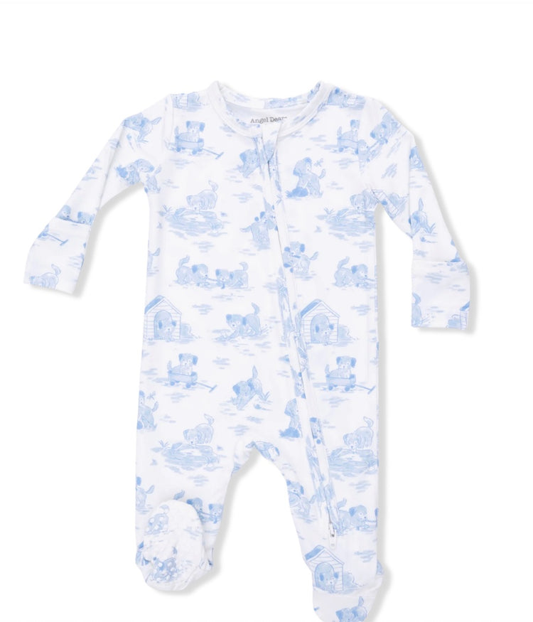 Puppy Toile Blue Two Way Zipper Footie