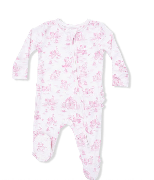 Puppy Toile Pink Two Way Zipper Footie
