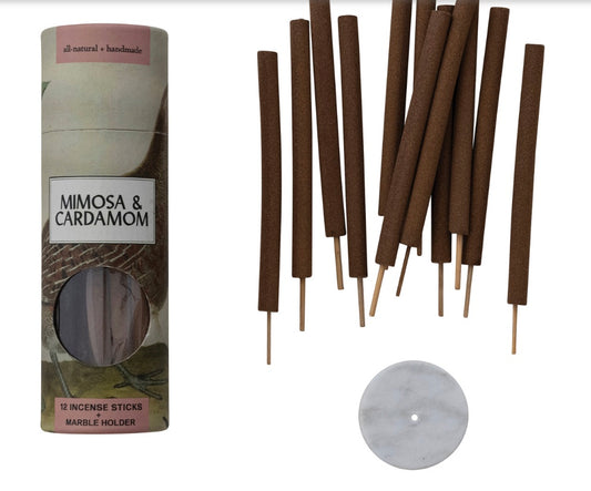 12 Piece Mimosa And Cardamom Incense Stick and Marble Holder