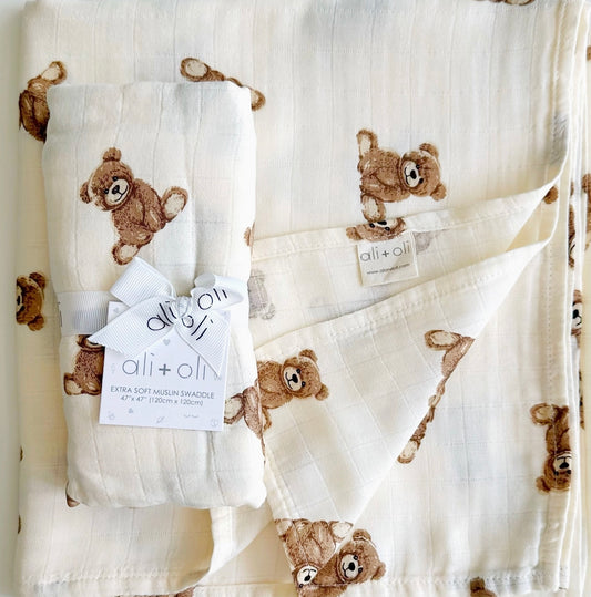 Bamboo Muslin Bear Swaddle Blanket